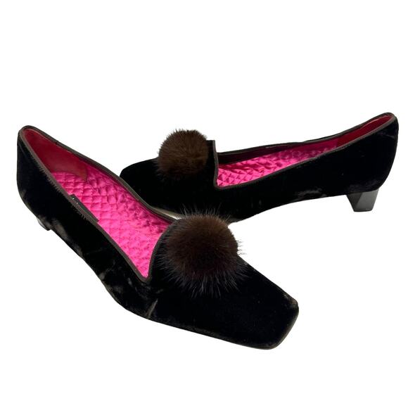 Kate Spade New York Tryst Brown Velvet Soft Pom Pom Pouf Square Toe Pumps - Picture 1 of 10